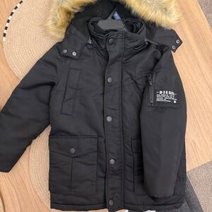Diesel Kids Black Puffer Coat with Fur Hood